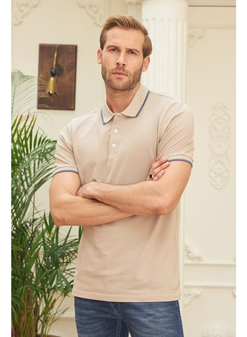 Odelon Men's Slim Fit Plain Polo Collar T-Shirt Beige - Image 1